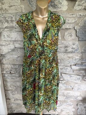 Floral Tropical V-Neck Women's Dress in Olive Green